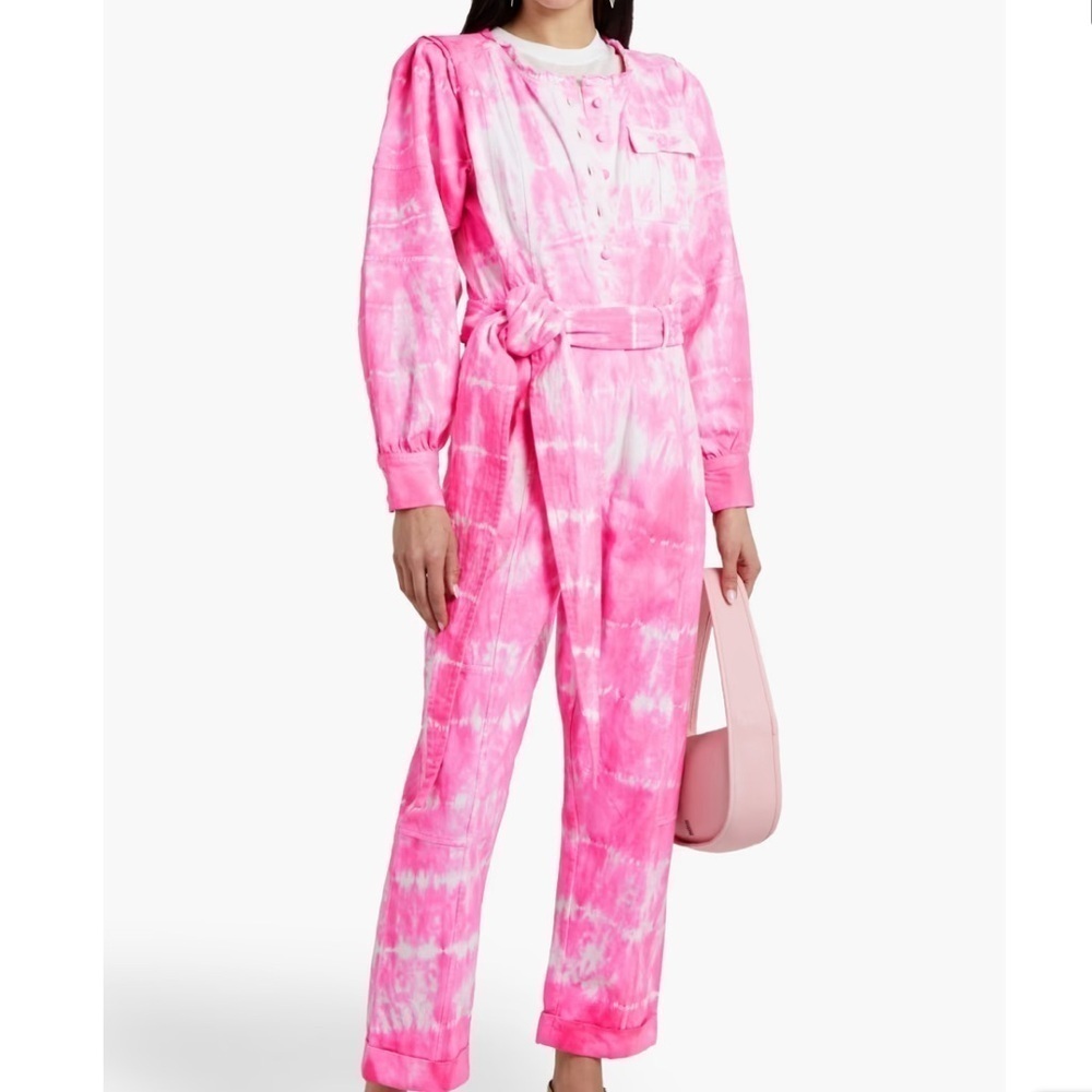 Loveshackfancy- Pink Tie Dye Paca Denim Longsleeve Button Down Jumpsuit